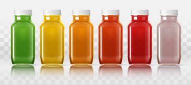 Zeytin, sarı, turuncu, kırmızı, ahududu, pembe cam şişeler. Sıvı ürünler, reçeller, reçeller, yağ, şerbetler, ev konserveleri için. Tasarımın için boşluk. Arkaplanda izole edilmiş ögeler