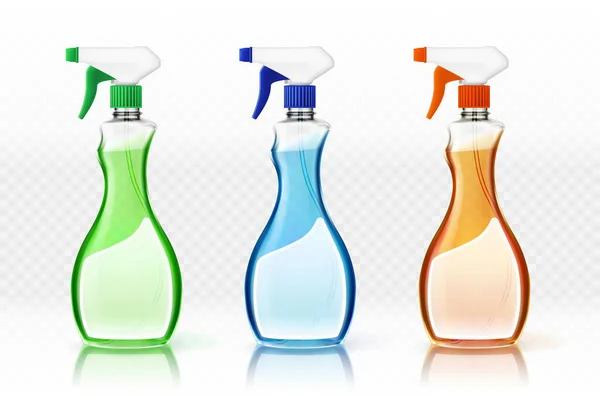 Set Blue Orange Green Glossy Plastic Bottles Hygienic Antiseptic Cleaning — Stock Vector