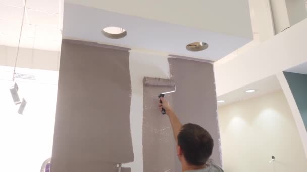 Professional handyman colours white wall against windows — Stock Video