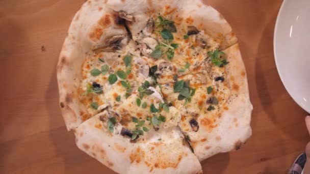 Pizzeria-Besucher holen geschnittene Pizza mit Pilzen vom Teller — Stockvideo