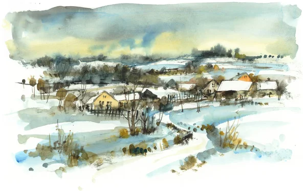 Zimní krajina, akvarel, ilustrace — Stock fotografie