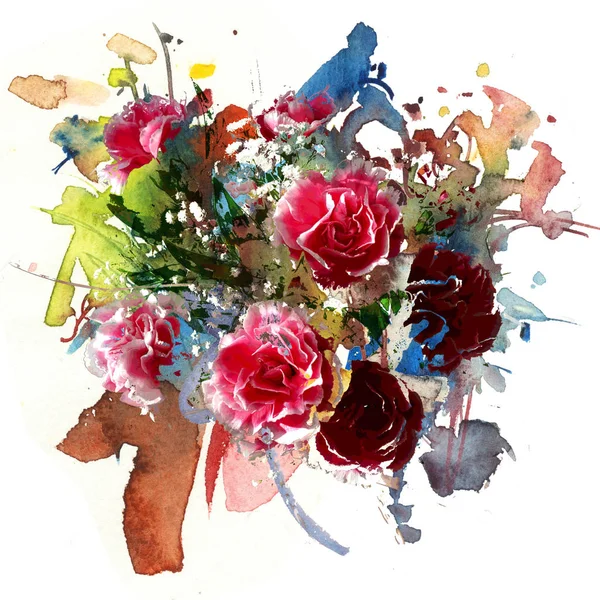 Pembe ve kırmızı karanfiller soyut resim, suluboya