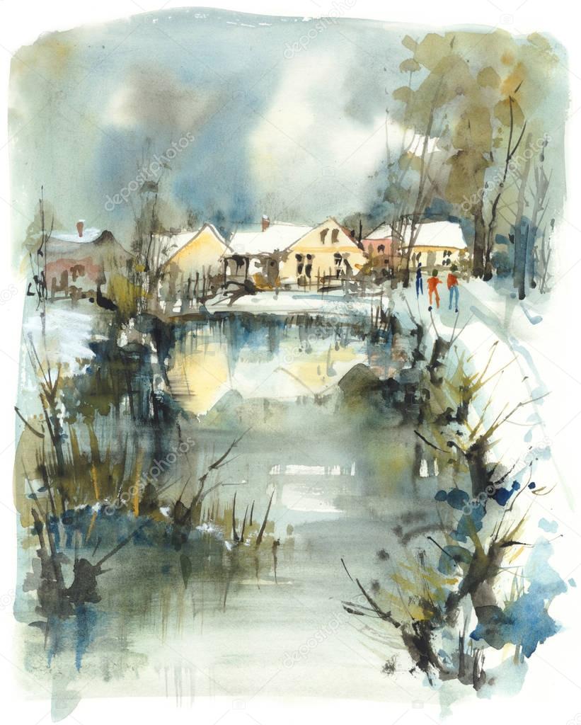 Winter landscape with village, watercolor