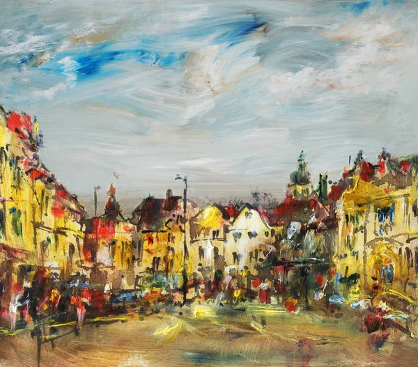 Praça na cidade histórica, pintura a óleo — Fotografia de Stock