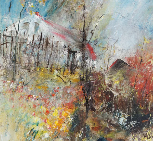 Desa di musim semi, lukisan minyak Stok Lukisan  