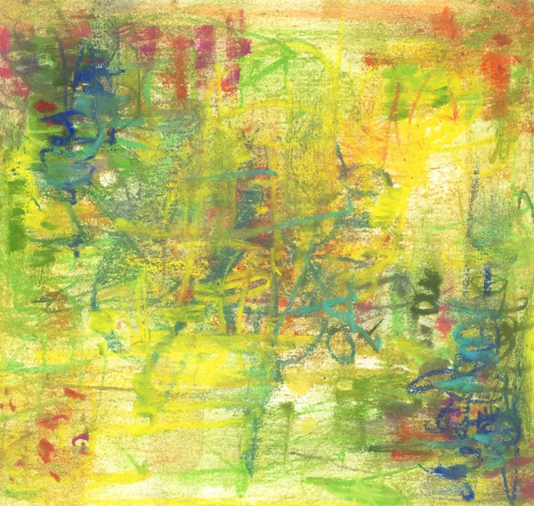 Abstract pastel painting in green, red and yellow colors
