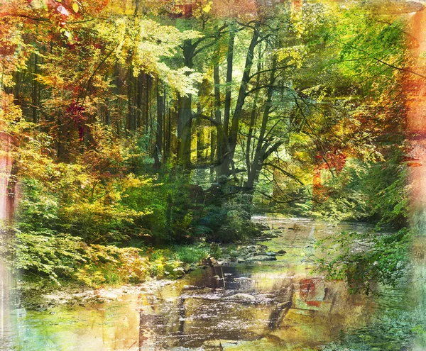Rincón del bosque con río, fondo artístico —  Fotos de Stock