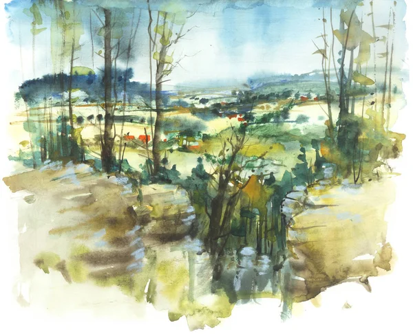 Pohled ze skalnatého kopce, akvarel — Stock fotografie