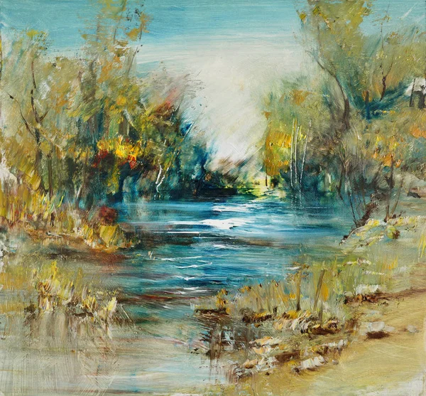 Sungai di musim panas, lukisan minyak Stok Foto
