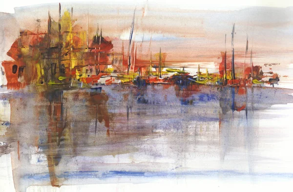 Uitzicht op de haven, Acryl schilderij — Stockfoto