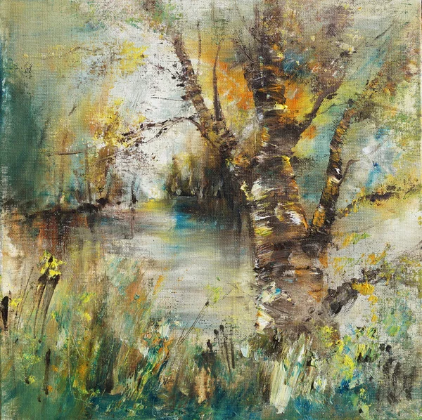 Tree by the river, oil painting