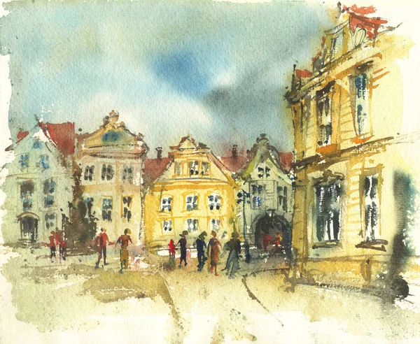 Square with historic houses, watercolor — Stock Photo, Image