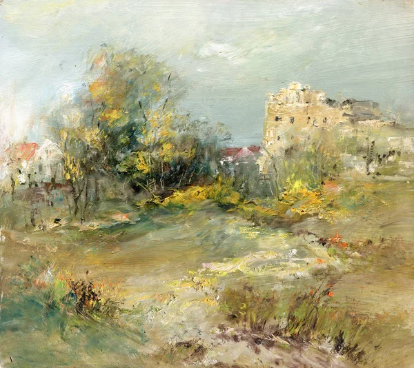 Пейзаж с руинами замка, живопись маслом — стоковое фото