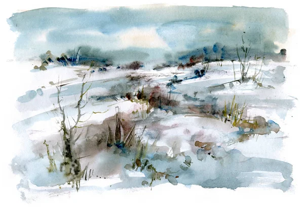 Snowy meadows, watercolor illustration — Stock Photo, Image