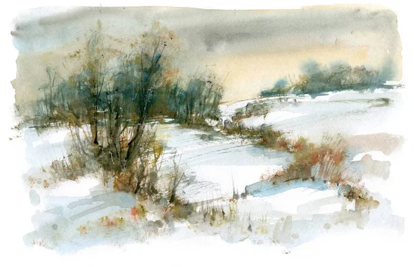 Pejzaż zimowy, akwarela malarstwo — Zdjęcie stockowe