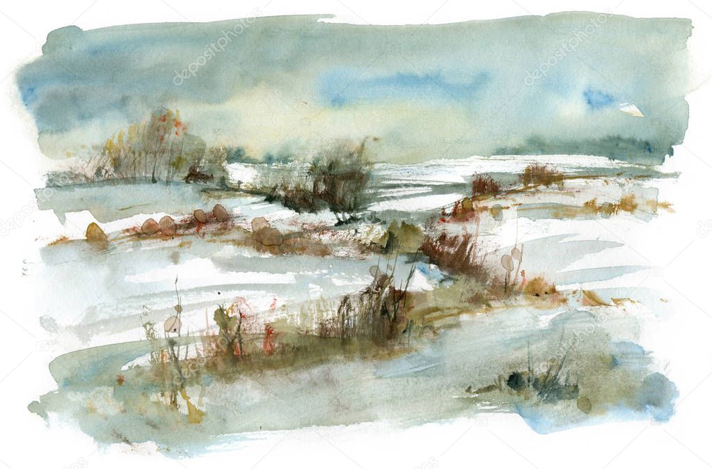 Snowy landscape with trees, watercolor