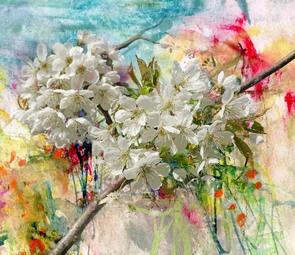 Blooming apple tree, painting and combined technique