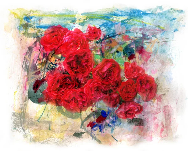 Red roses and abstract painting