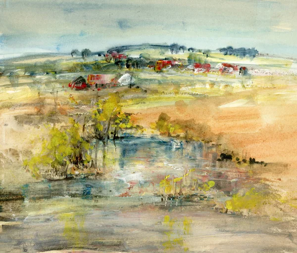 Landscape with village, illustration