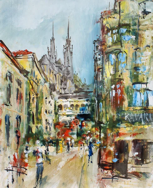 Calle y catedral en el fondo, pintura al óleo —  Fotos de Stock