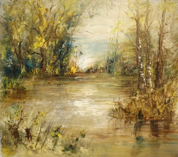 Romantic forest lake, oil painting