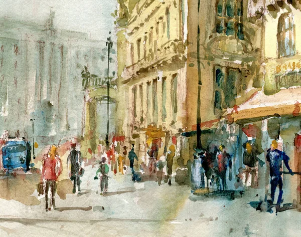 Mensen in het centrum van de stad, aquarel illustratie — Stockfoto