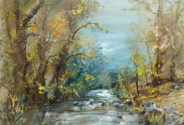 Stony river and trees, oil painting