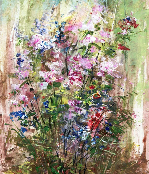 Bouquet with pink and blue flowers, acrylic painting — 스톡 사진