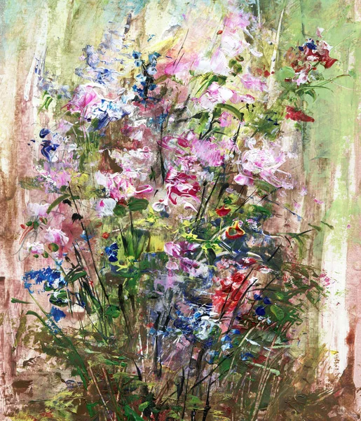 Bouquet with pink and blue flowers, acrylic painting