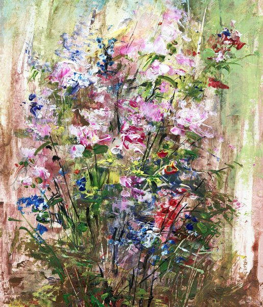 Bouquet with pink and blue flowers, acrylic painting Stock Picture