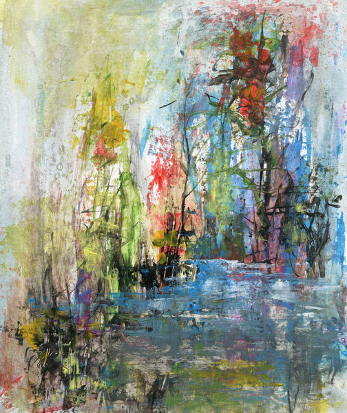 Landscape with lake, abstract acrylic painting Royalty Free Stock Images