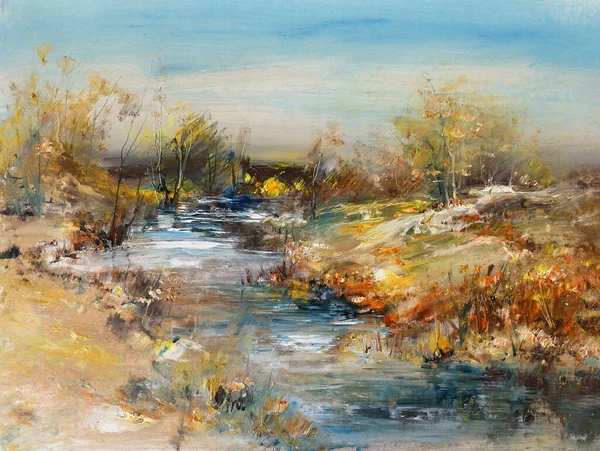 Landscape Stream Oil Painting Canvas Stock Image