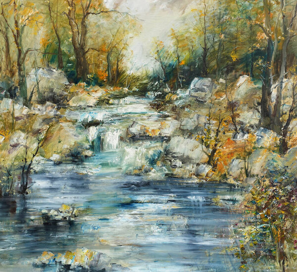 Forest Creek Stones Oil Painting Stock Photo