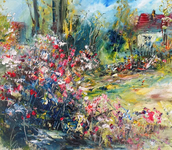 Blooming Flowers Garden House Oil Painting Canvas Stock Photo
