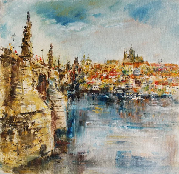 Praga Charles Bridge Castelo Pintura Óleo Sobre Tela Imagem De Stock