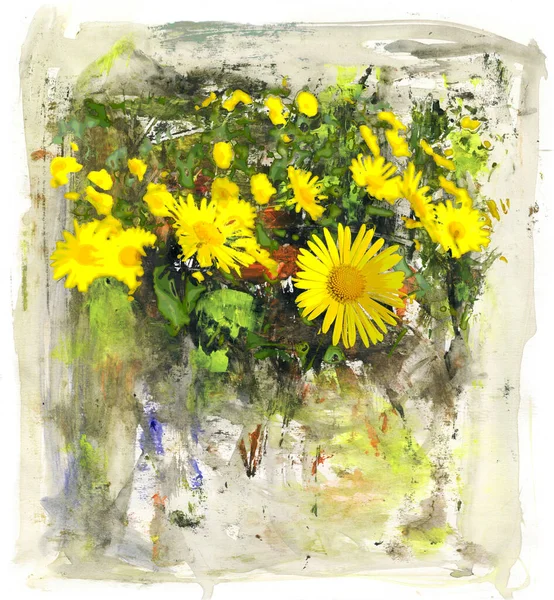 Yellow flowers on abstract background, watercolor and mixed media