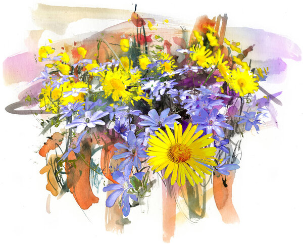 Yellow Blue Flowers Abstract Watercolor Mixed Media Stock Image