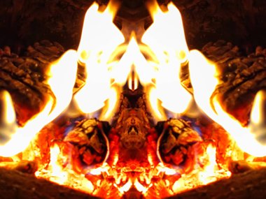 Ateşin ve simetrinin büyüleyici ilkel cazibesi: fantastik bir hayvan, ateşli bir canavar, ateş püskürten bir ejderha.