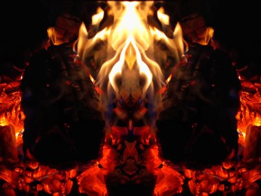 Ateşin ve simetrinin büyüleyici ilkel cazibesi: fantastik bir hayvan, ateşli bir canavar, ateş püskürten bir ejderha.