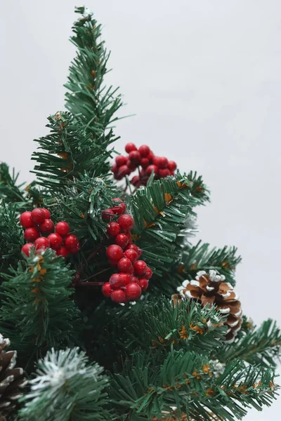 Árbol de Navidad verde ligeramente espolvoreado con nieve . — Foto de Stock