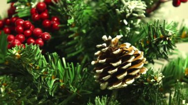Mutlu noeller ve mutlu yıllar! Karla kaplanmış yeşil Noel ağacı. Yapay böğürtlen ve doğal çam kozalakları merceğin önünde 