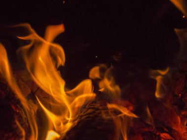 Kömürleşmiş kütüklerin üzerinde turuncu alevlerin dansı.