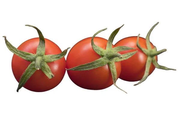 Tomates cerises douces et acides rouges vives avec pétioles et feuilles — Photo