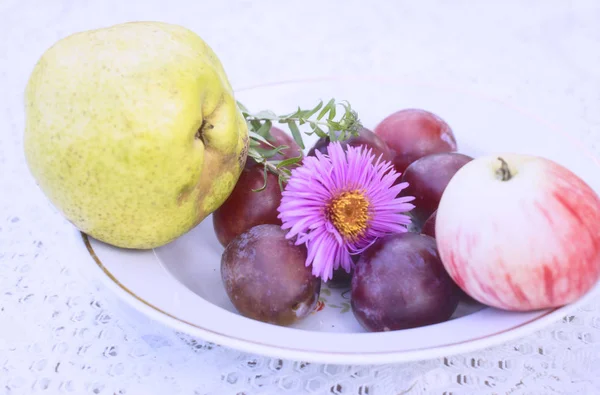 Fragrant apples and sweet plums on a plate standing on the table. Delicious fruits in the warm summer sun.