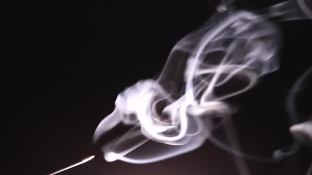 Los mechones de humo del palo de incienso se levantan lentamente y se enroscan con extraños rizos en raros temblores de aire. . — Vídeos de Stock