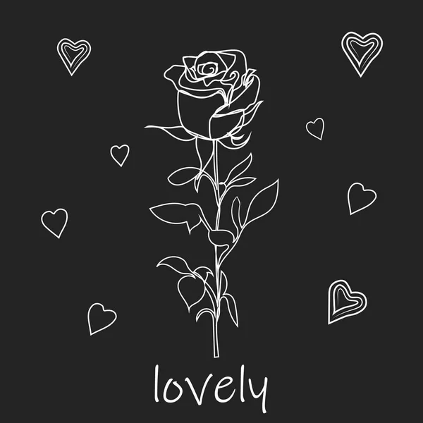 Rose flower. One line drawing, minimalistic style. Flower on a black background. Botanical, vintage floral illustration. Design for tattoo, love, heart, valentines day.