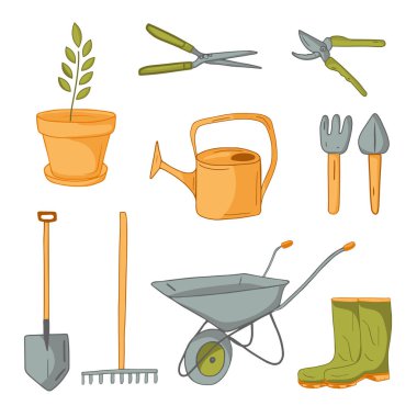 Bahçe işleri için web çizgi film aracı. Kürek, secateurs, clippers, bir el arabası, bir kürek, bir tırmık, bir su kovası, razinovye botlar, bitkili bir saksı. Tarım. İzole edilmiş beyaz arkaplan. 