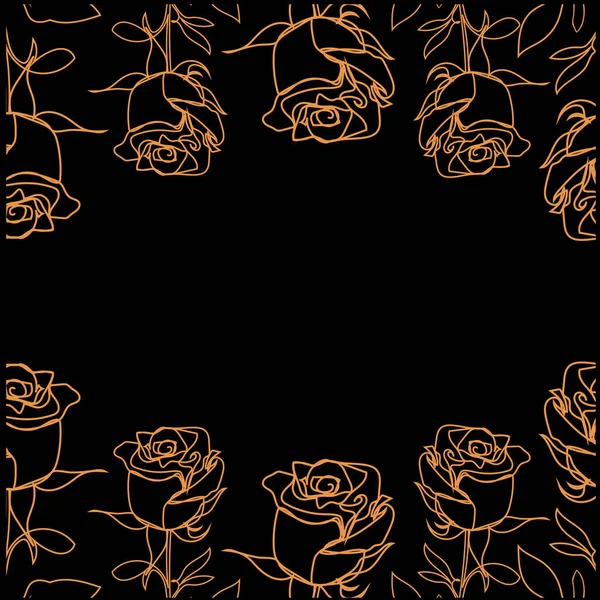 Rose flower. Botanical illustration of golden flowers on a black background. Template frame for a greeting card, banners, printing. Drawing in outline style.