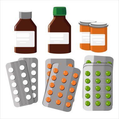 Bir dizi uyuşturucu. İlaç tabletleri, kabarcıklar, kapsüller, sıvı ilaçlı cam şişeler. Gerçekçi düz vektör biçimi.