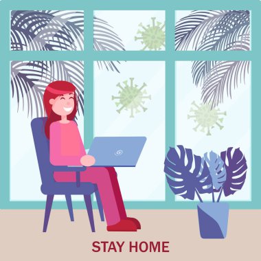 Bir kız pencerenin yanındaki bir sandalyede bilgisayarın önünde oturuyor. Dışarıda virüs ve palmiye yaprakları var. Serbest çalışan, evde çalışan, çevrim içi, karantina döneminde uzaktan çalışan. Yalıtım. Düz bir şekilde izole et.